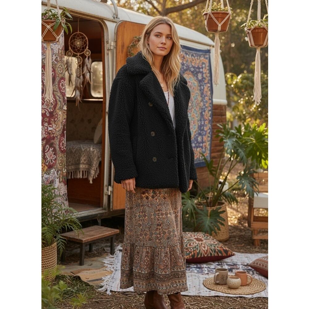 Free People Women’s Sophie Faux Sherpa Teddy Coat Black size Medium MSRP $168